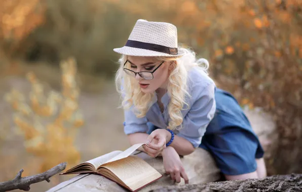 Picture girl, pose, hat, glasses, blonde, book, log, bokeh
