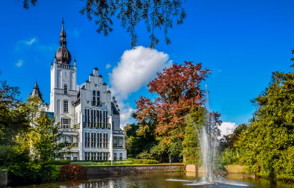 The sky, clouds, trees, pond, Park, castle, fountain, Netherlands