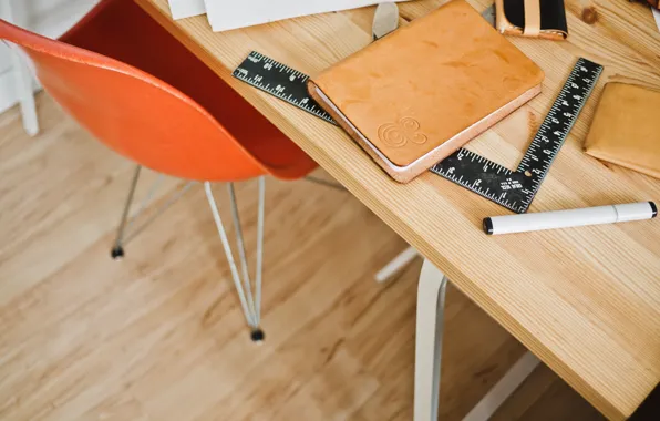 Table, chair, chair, pen, line, diary, marker