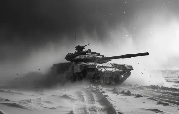 Winter, snow, tank, black and white, Blizzard, digital art, AI art, The Art of Artificial …