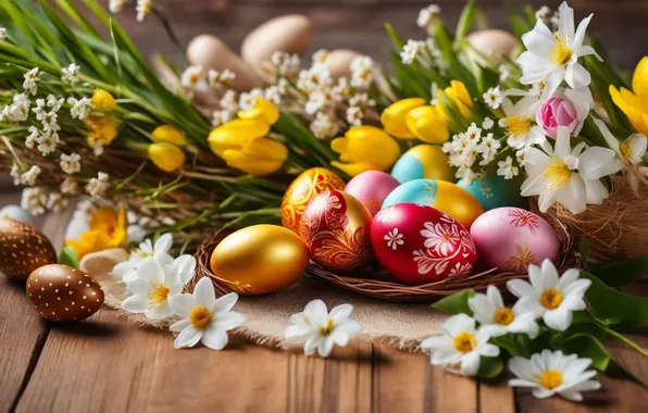 Flowers, eggs, spring, colorful, Easter, happy, flowers, spring