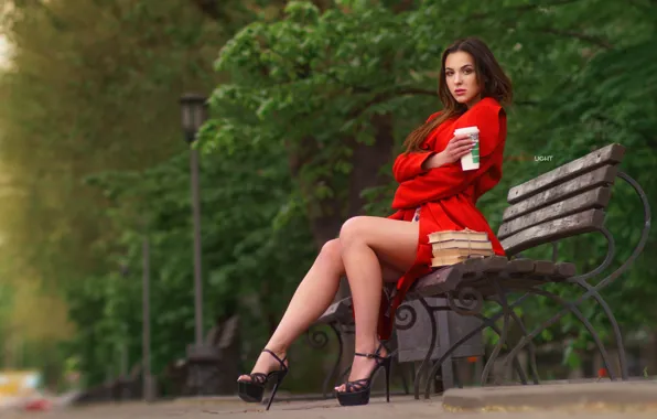 Girl, bench, pose, Park, books, heels, legs, cloak