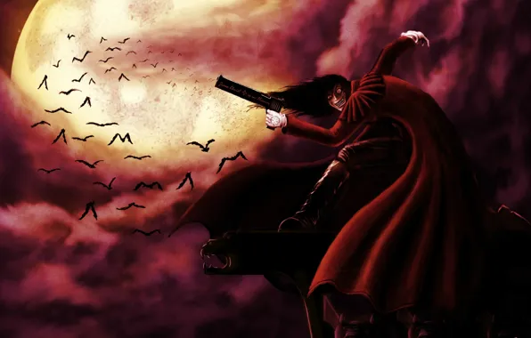 Picture clouds, the moon, anime, the demon, vampire, bats, hellsing, alucard