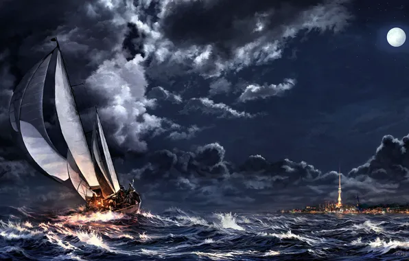 Picture sea, clouds, night, clouds, storm, the city, the moon, ship, sailboat, art, spire