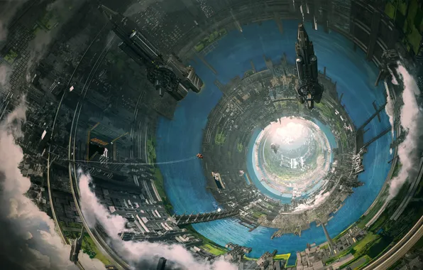 Clouds, ships, facilities, the tunnel, Axelay - Tralieb colony interior
