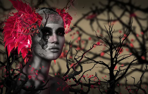 Picture roses, Girl, Red eyes, tree branches