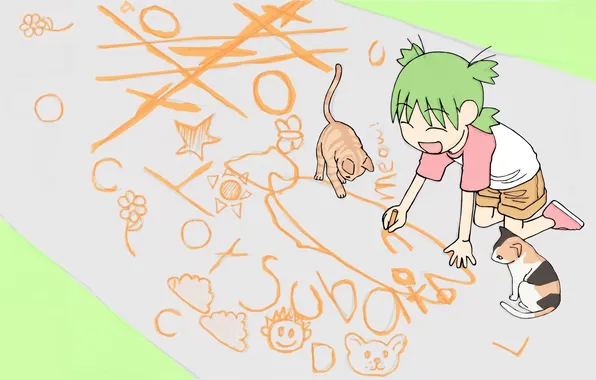 Green hair, draws, crayons, on my knees, fun, on the pavement, Yotsubato, two cats