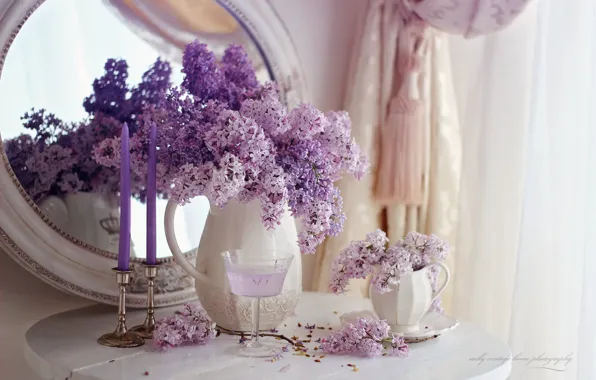 Picture flowers, candles, still life, lilac