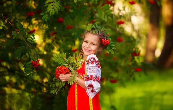 Autumn, smile, girl, Rowan, Russian style
