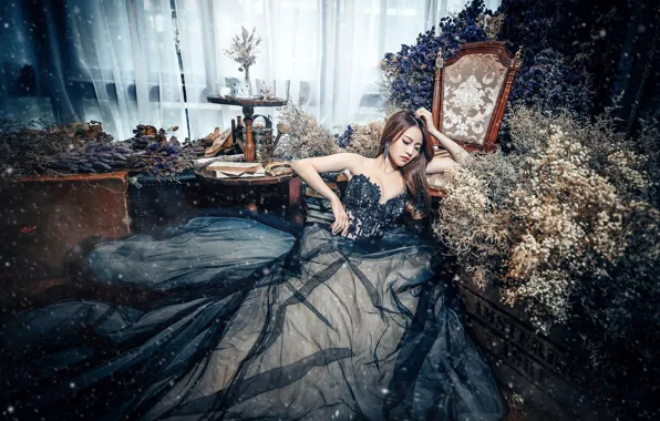 Girl, flowers, pose, style, room, sadness, furniture, interior