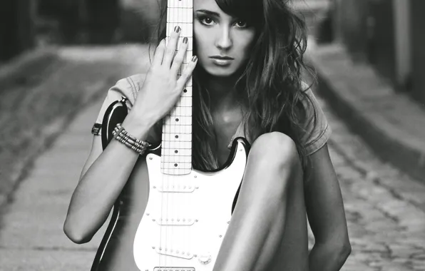Girl, guitar, beauty, black and white