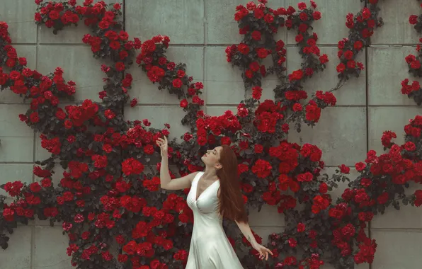 Picture girl, flowers, face, pose, wall, dress