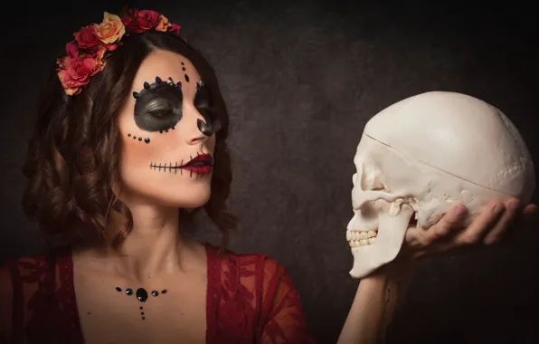 Picture girl, skull, wreath, paint