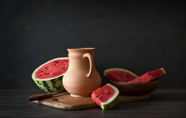 Picture red, Board, watermelon, knife, pitcher, slices