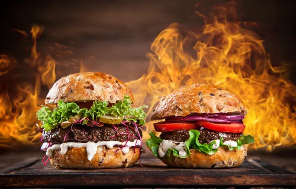 Picture Fire, Hamburger, Vegetables, Two, Food, Fast food