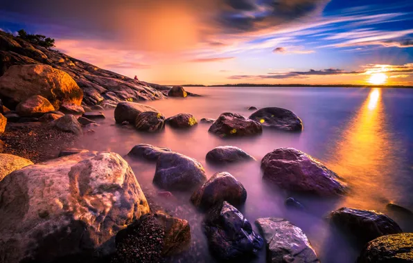 Purple, the sky, the sun, clouds, rays, landscape, sunset, nature