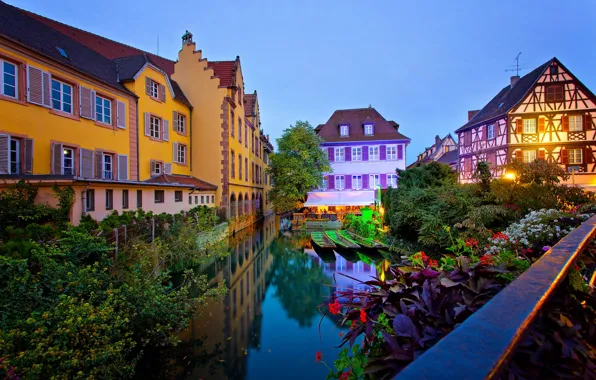 Picture night, the city, France, home, boats, lighting, channel, Colmar