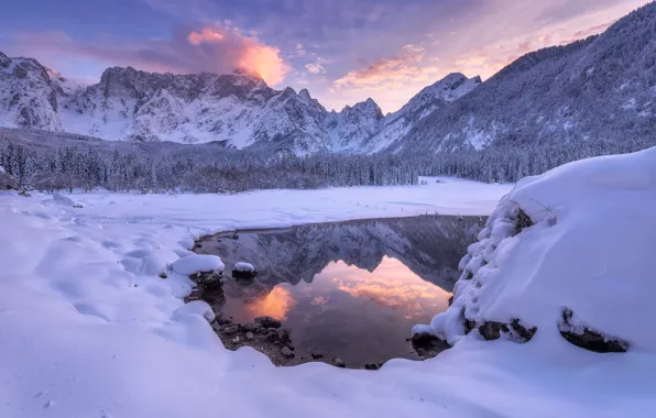 Picture winter, forest, snow, sunset, mountains, lake, reflection, Italy