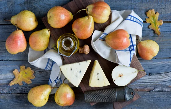 Picture autumn, leaves, oil, cheese, Board, fruit, still life, pear