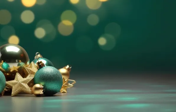 Balls, green, Christmas, New year, green background, gold, side, Christmas decorations