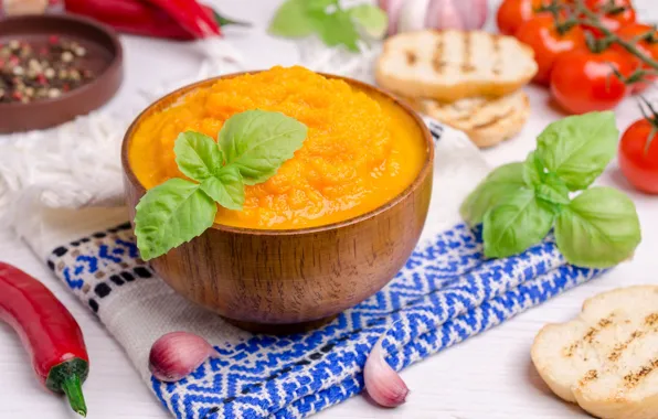 Pepper, garlic, Basil, squash caviar
