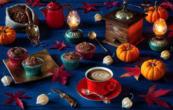 Picture leaves, coffee, candles, pumpkin, cupcakes, coffee grinder, autumn still life