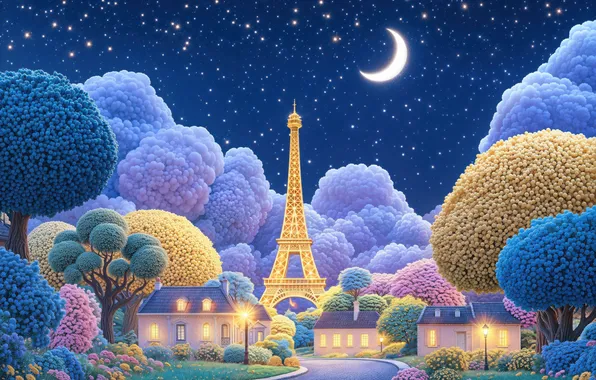 Stars, trees, night, romance, Eiffel tower, Paris, a month