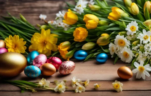 Flowers, eggs, spring, colorful, Easter, happy, flowers, spring