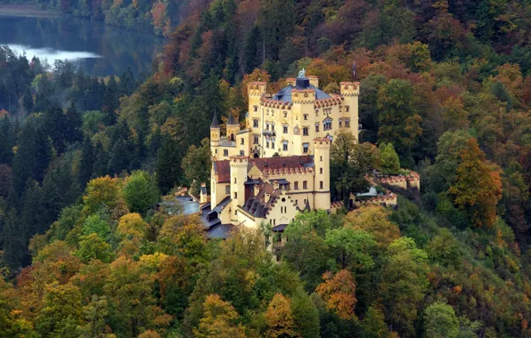Autumn, forest, trees, mountains, lake, castle, view, Germany