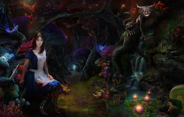 Picture forest, cat, girl, mushrooms, thicket, art, Alice Madness Returns, Cheshire