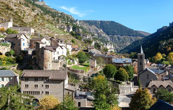 Picture trees, mountains, stones, rocks, France, home, town, Sainte-Enimie