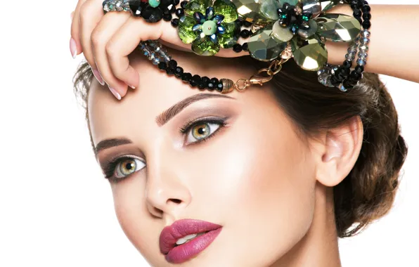 Picture look, girl, face, hand, makeup, hairstyle, beads, decoration