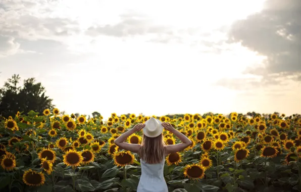 The sky, clouds, sunflowers, pose, Girl, hat, Anna Kovaleva