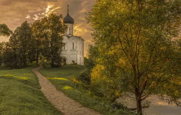 Picture landscape, nature, river, the evening, track, Nerl, Church of the Intercession, Elena Guseva