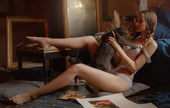 Cat, erotic, cat, girl, pose, room, feet, furniture