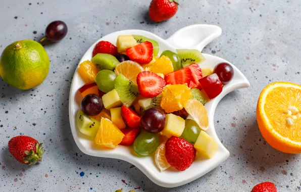 Picture berries, orange, kiwi, strawberry, plate, grapes, fruit, fruit salad
