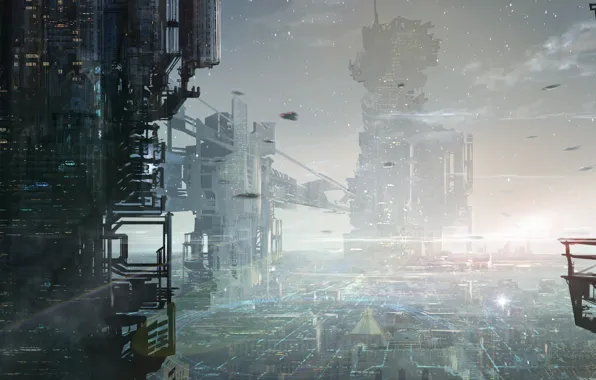 Light, landscape, the city, fiction, skyscrapers, megapolis