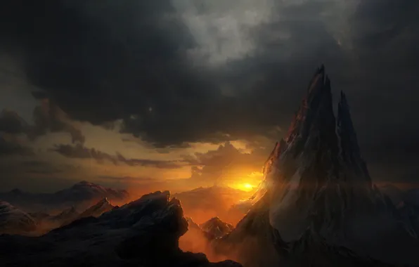 Sunset, The sun, Clouds, Mountains, Snow, Mountain, View, Clouds