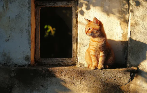 Cat, look, light, pose, house, kitty, window, red