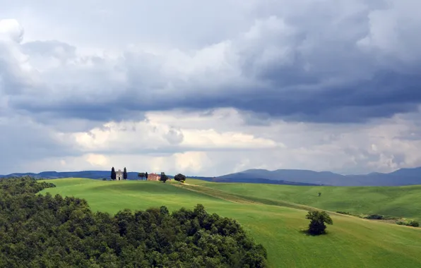 Field, grass, clouds, house, hills, silhouette, Italy, Tuscany