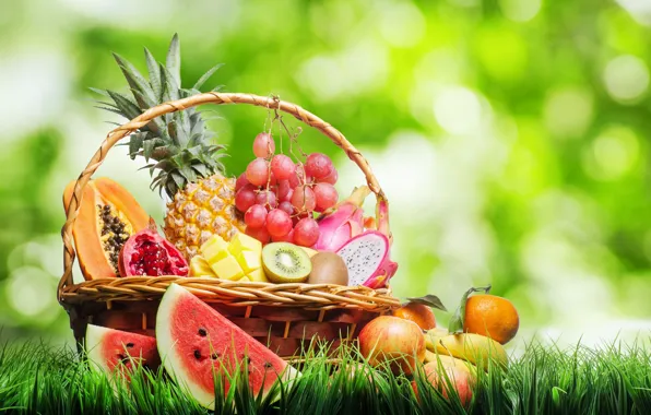 Picture summer, grass, basket, Apple, watermelon, kiwi, grapes, pear