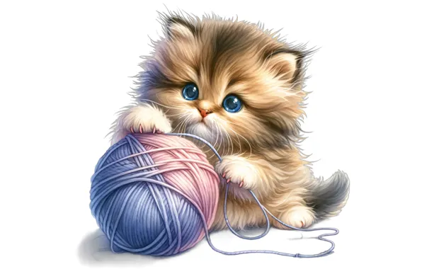 Cat, look, tangle, pose, kitty, white background, thread, face