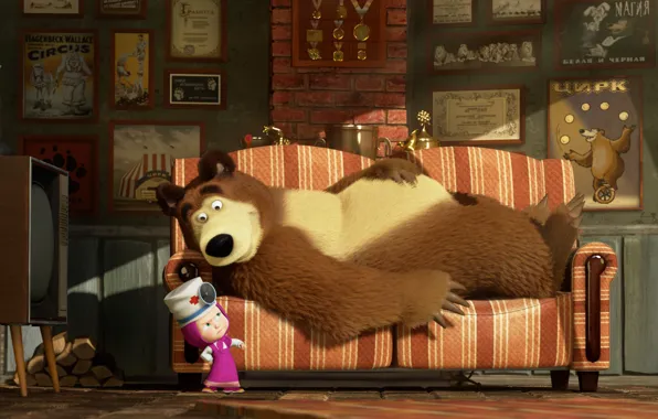 Picture sofa, cartoon, TV, Dr., Masha and the Bear