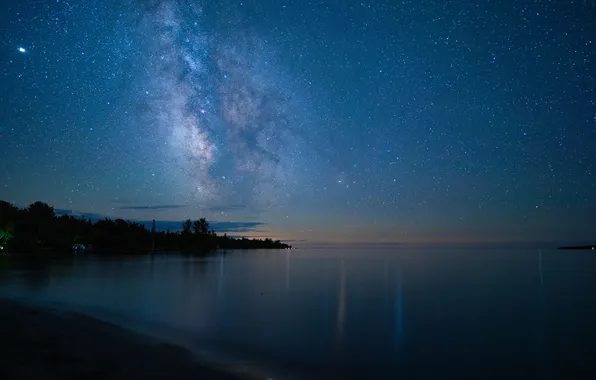 Forest, water, stars, reflection, landscape, night, nature, the ocean