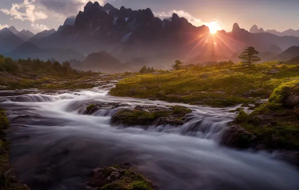 The sun, rays, light, landscape, sunset, nature, fog, river