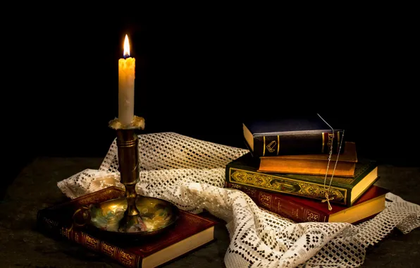 Books, candle, wax, cross, Still life¬