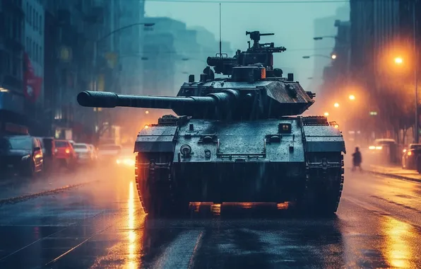 Home, The evening, Lights, Street, Tank, Cars, Digital art, Highway