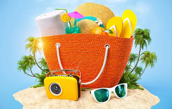 Summer, the sun, tropics, figure, hat, camera, glasses, cocktail