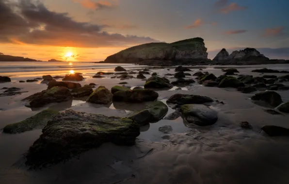 Sand, sea, beach, the sky, the sun, clouds, sunset, rocks