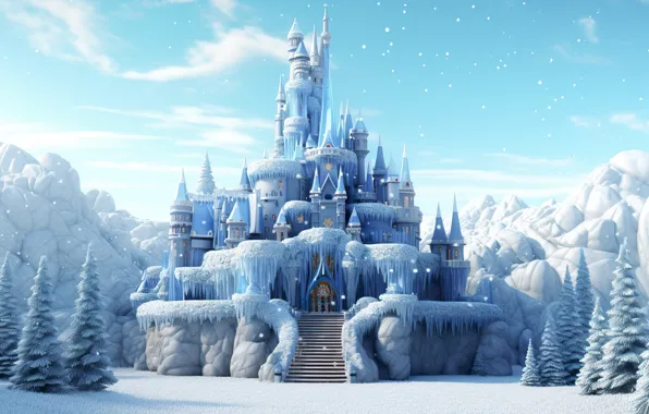 Winter, clouds, snow, mountains, castle, rocks, winter, tale